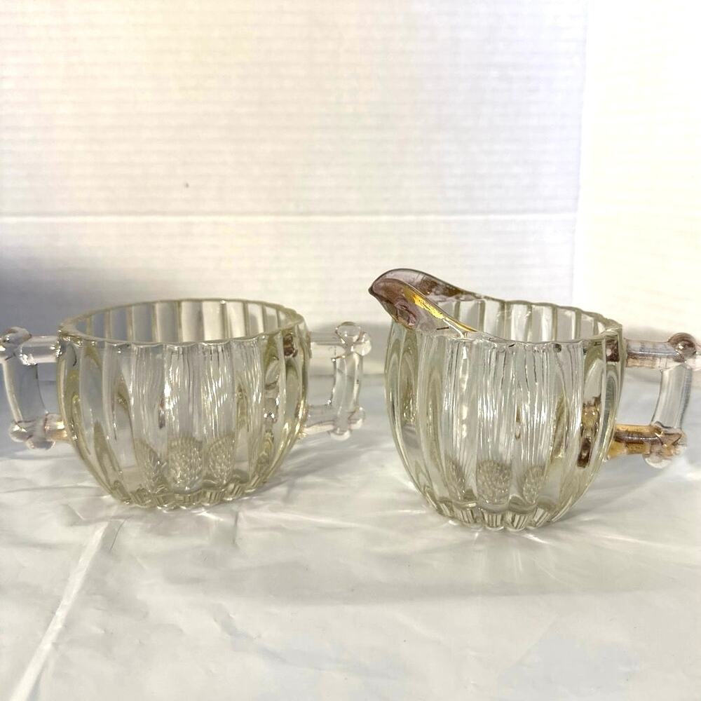 vintage "National" pattern cream and sugar set manufactured by Jeannette Glass,